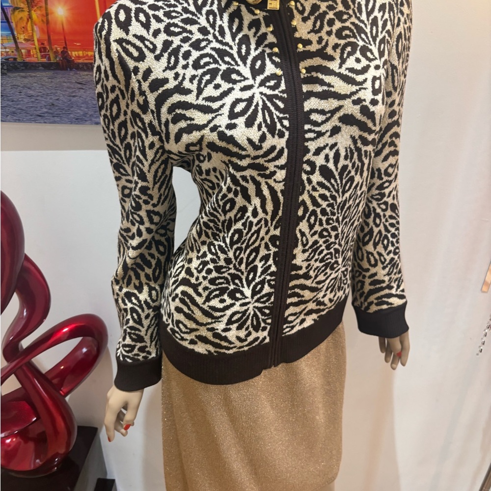 St. John Black Gold metallic Jacket animal Print Blazer L 12
